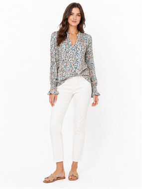 MASCOMODA Blouse S White Blue Abstract Print Long Sleeve NWT